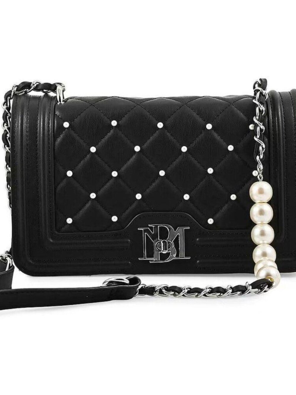 Authentic Badgley Mischka Black Quilted Vegan Leather Pearl Crossbody Bag NWT